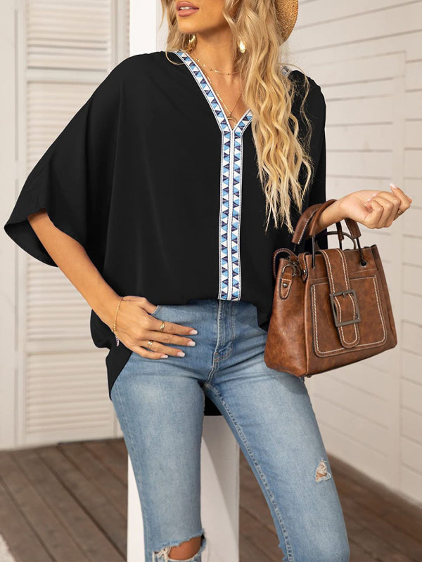 Women's Dolman Sleeve Chiffon V-Neck Short Sleeve Shirt Shirt Black