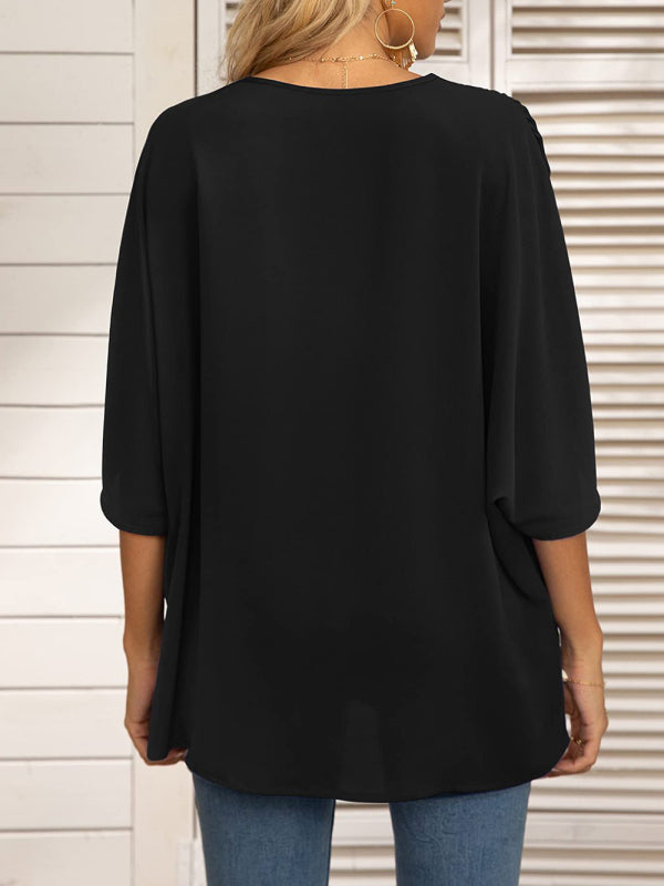 Women's Dolman Sleeve Chiffon V-Neck Short Sleeve Shirt Shirt