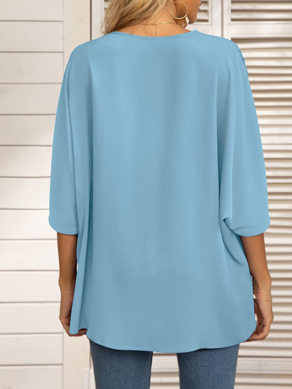 Women's Dolman Sleeve Chiffon V-Neck Short Sleeve Shirt Shirt