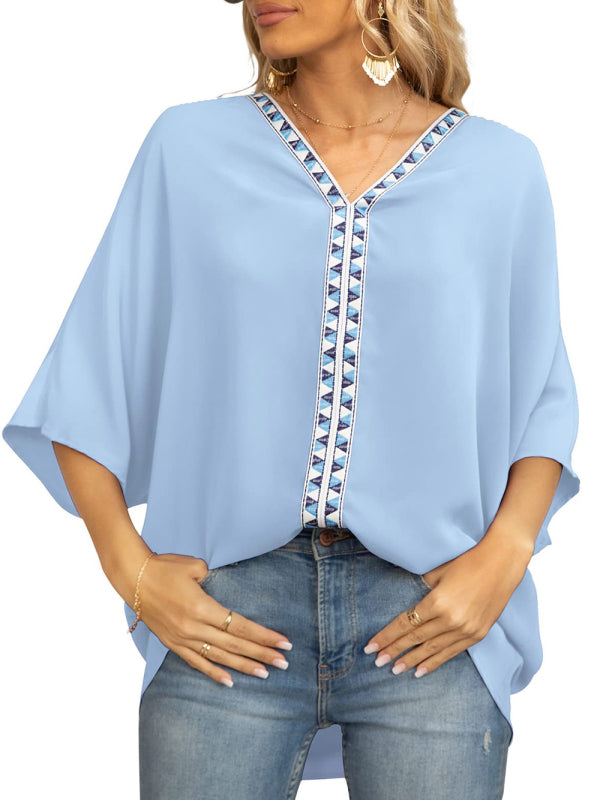 Women's Dolman Sleeve Chiffon V-Neck Short Sleeve Shirt Shirt Clear blue