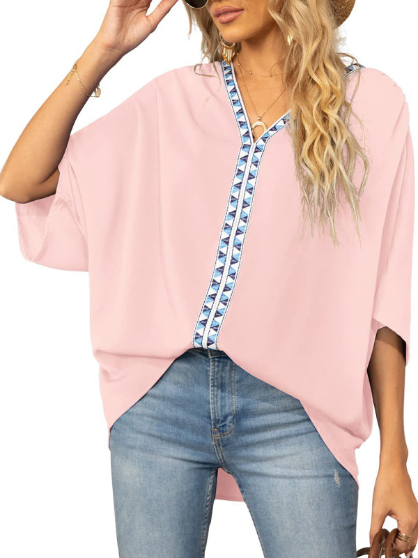 Women's Dolman Sleeve Chiffon V-Neck Short Sleeve Shirt Shirt