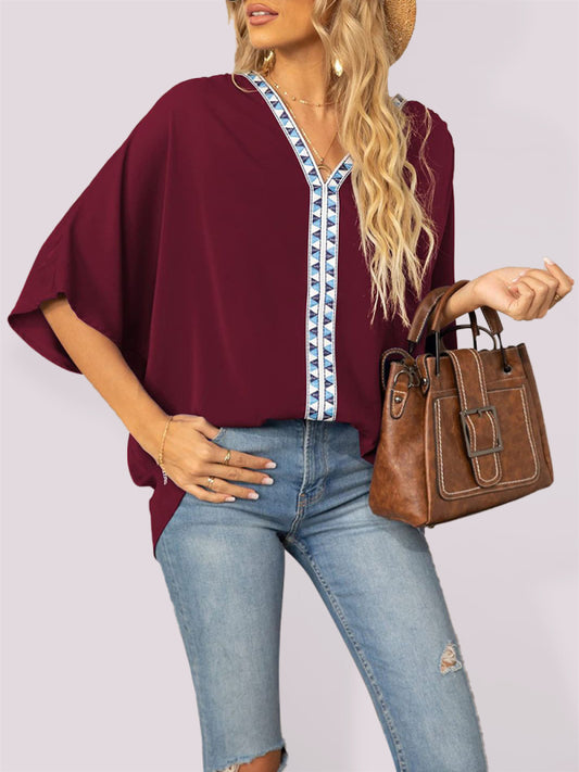 Women's Dolman Sleeve Chiffon V-Neck Short Sleeve Shirt Shirt Wine Red