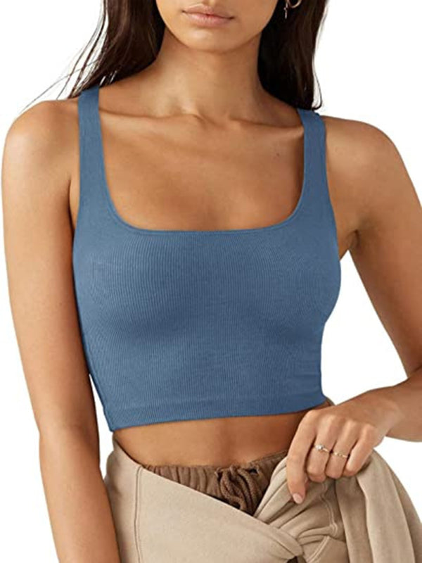 Women's solid color casual thread short vest Blue