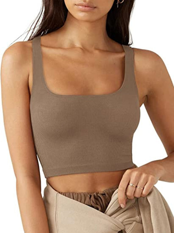 Women's solid color casual thread short vest Brown