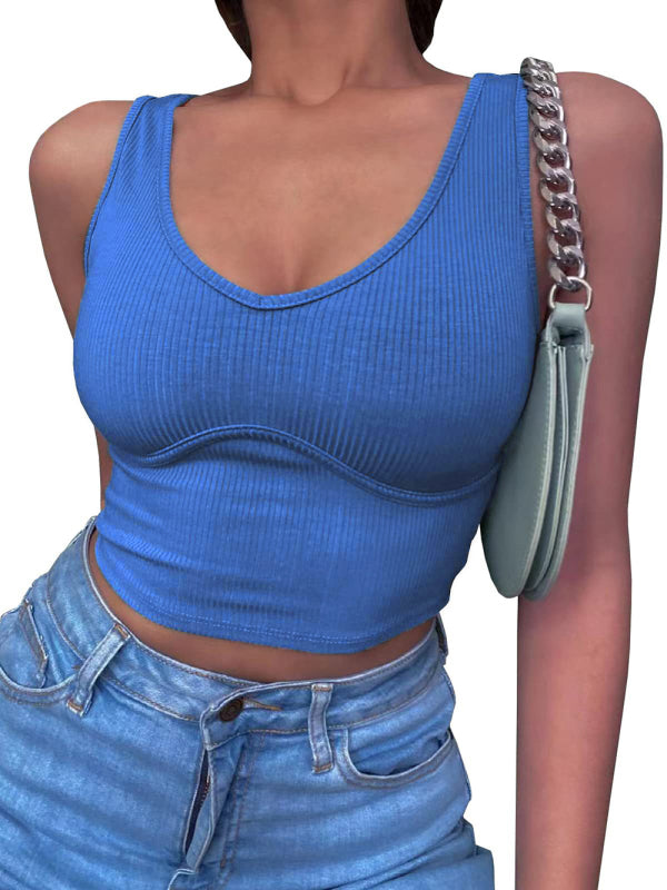 Women's V-Neck Stitching Stretch Solid Color Knit Tank Top Blue