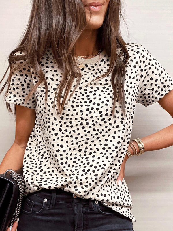 Women's Leopard Print Short-Sleeve Round Neck Pullover Loose Casual T-Shirt Khaki