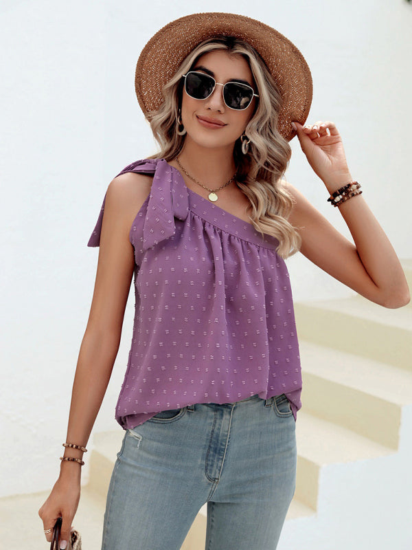 Slanted Shoulder Bow Top Loose Sleeveless Shirt Top