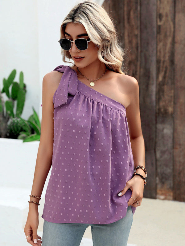 Slanted Shoulder Bow Top Loose Sleeveless Shirt Top