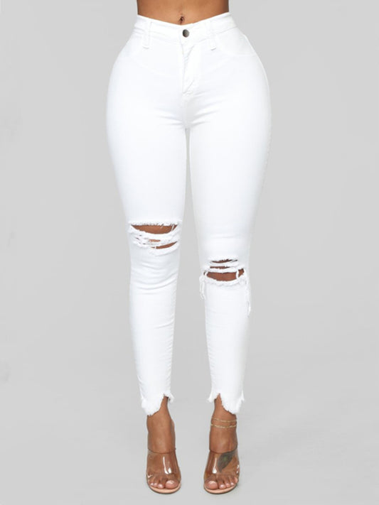 Women's elastic ripped solid color denim long trousers White