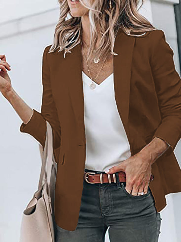 Women's Temperament Long-sleeved Jacket Solid Color Suit Collar Loose Single-breasted Suit Brown