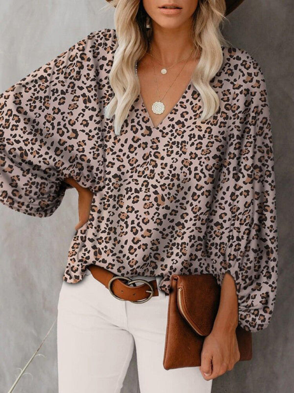 V-neck casual shirt printed lantern sleeve top women's clothing