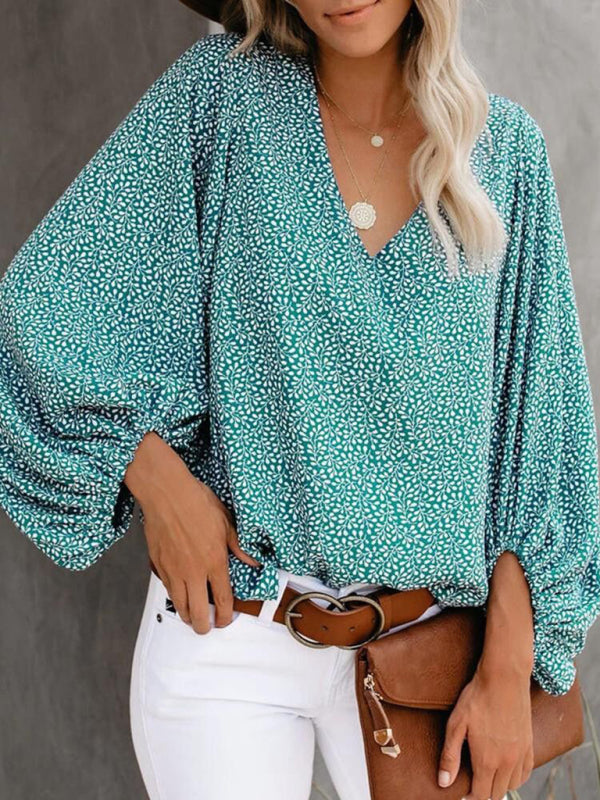 V-neck casual shirt printed lantern sleeve top women's clothing