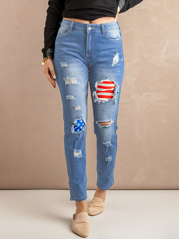 Women's Striped Stars Print Casual Denim Trousers