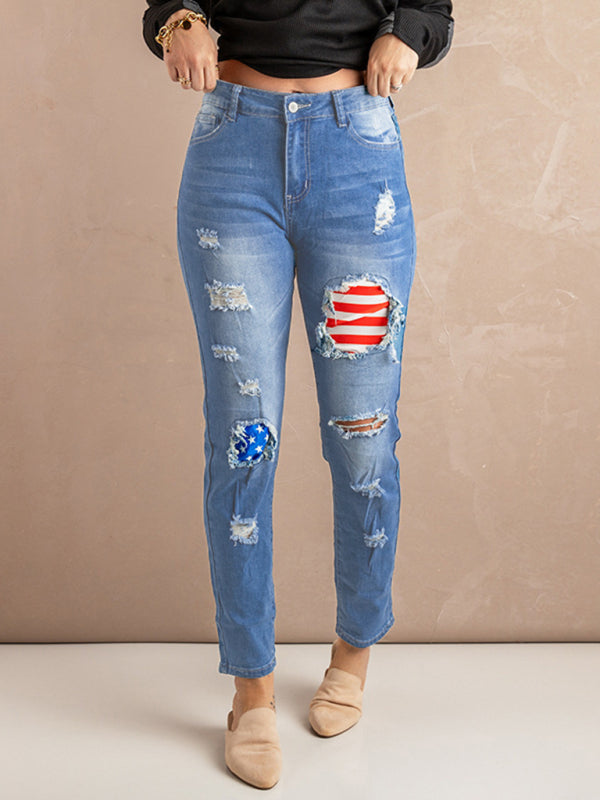 Women's Striped Stars Print Casual Denim Trousers Blue