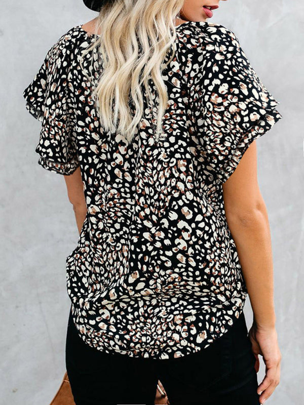 Women's printed v-neck half cardigan loose short-sleeved shirt