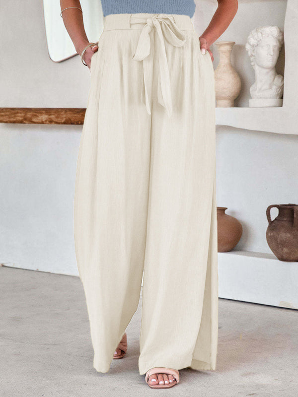 Women's Solid Color Drawstring Knot Wide Leg Trousers White