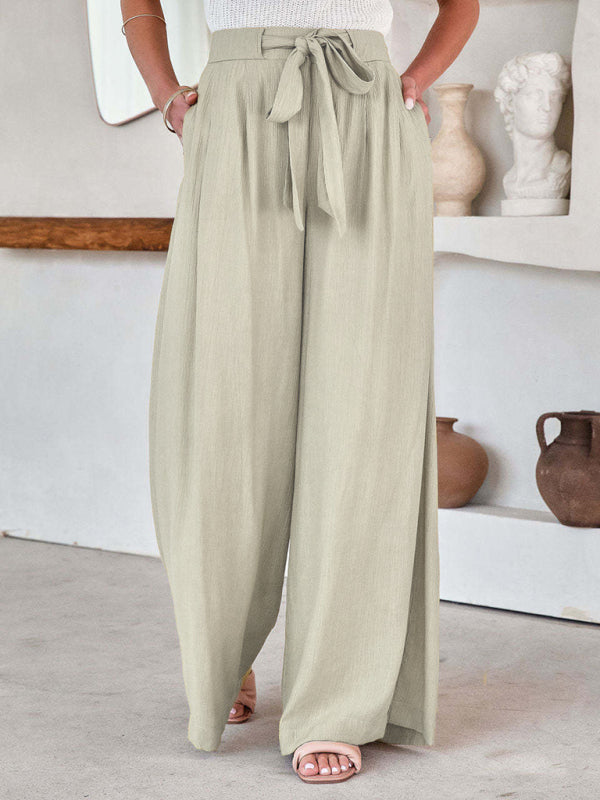 Women's Solid Color Drawstring Knot Wide Leg Trousers Yellow