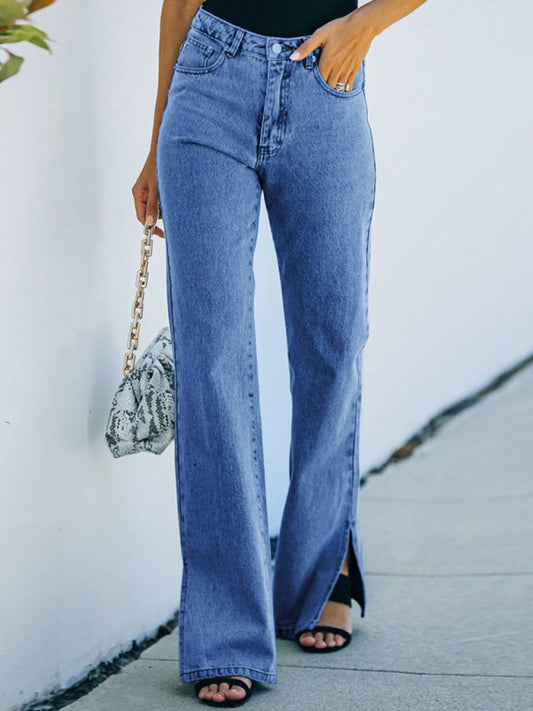 Washed slit mid-waist denim trousers casual trousers Blue