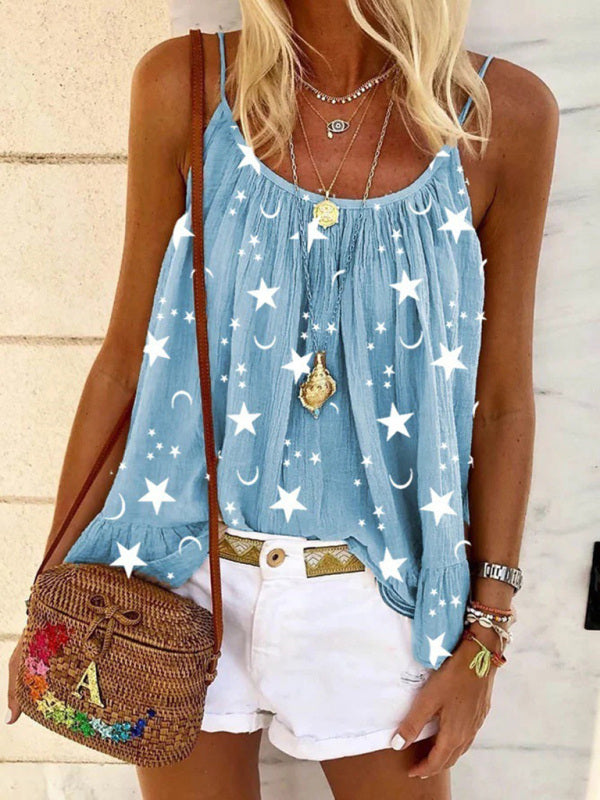 Casual V-neck star print vest camisole top Blue