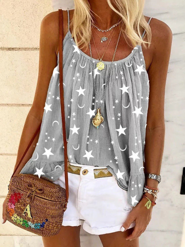 Casual V-neck star print vest camisole top Grey