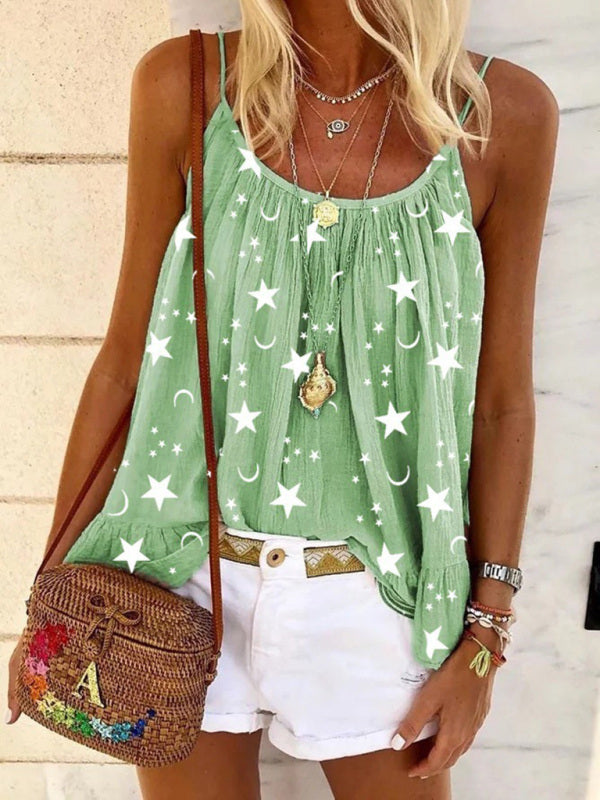 Casual V-neck star print vest camisole top Green
