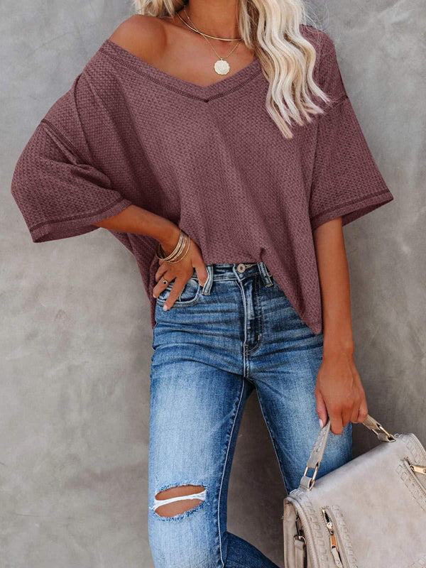 New V Neck Dolman Sleeve Waffle Knit Loose Solid Color Short Sleeve T-Shirt Brick red