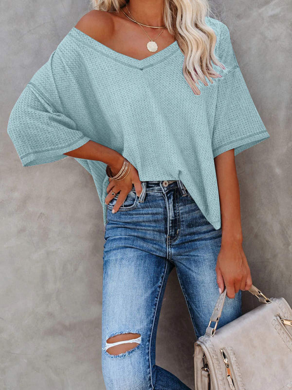 New V Neck Dolman Sleeve Waffle Knit Loose Solid Color Short Sleeve T-Shirt Clear blue