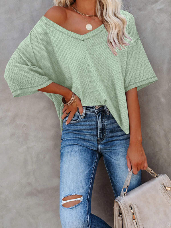 New V Neck Dolman Sleeve Waffle Knit Loose Solid Color Short Sleeve T-Shirt Pale green