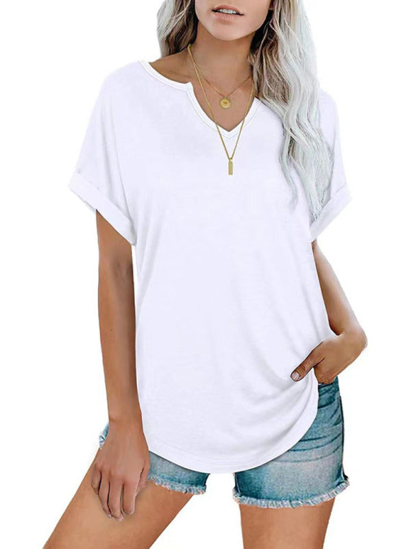 Solid color notched loose neckline loose short-sleeved t-shirt for women White