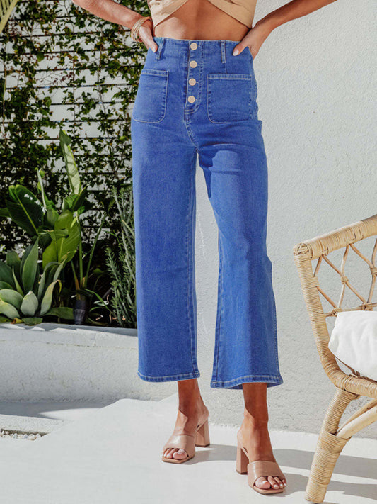 Retro Loose Straight Single-Breasted High-Waist Wide-Leg Jeans Crop Pants Blue