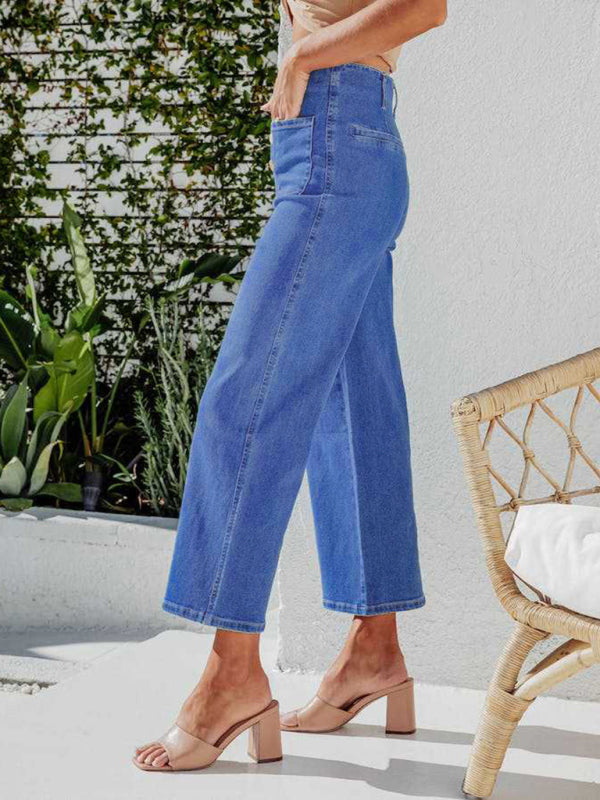 Retro Loose Straight Single-Breasted High-Waist Wide-Leg Jeans Crop Pants