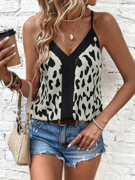 Women's V-neck leopard print stitching solid color camisole top White