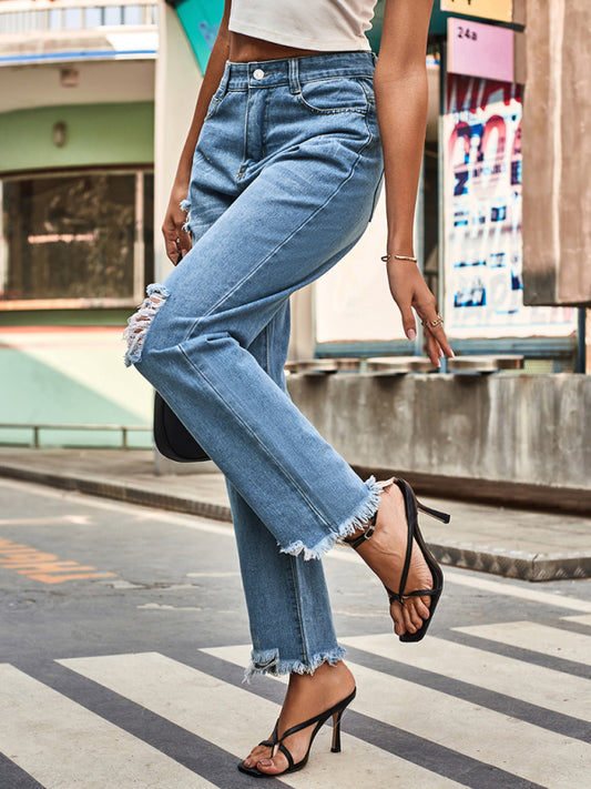 Women's Ripped Denim Ankle Pants Purplish blue navy