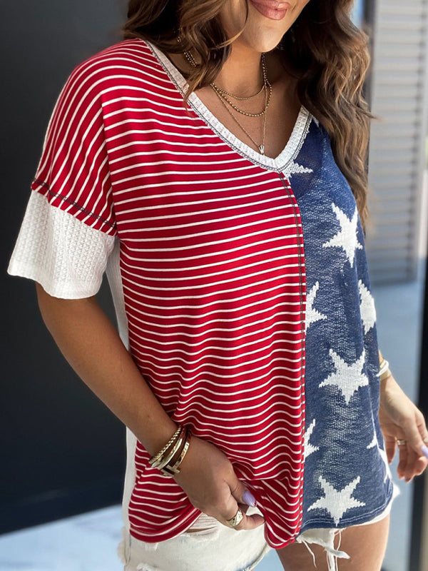 Women's Knitted Personality Stitching Stripe Stars Print Independence Day Short Sleeve T-Shirt