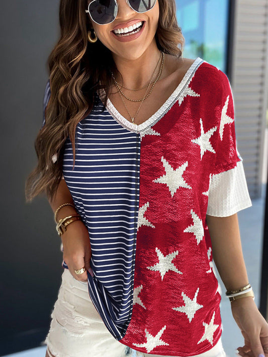 Women's Knitted Personality Stitching Stripe Stars Print Independence Day Short Sleeve T-Shirt Red