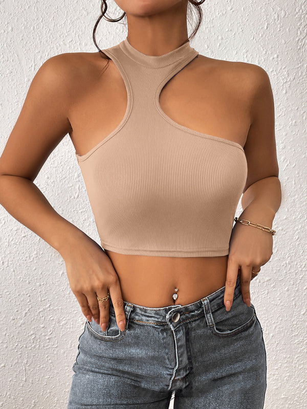 Women's Knitted Round Neck Cropped Asymmetrical Crop Tank Top Khaki