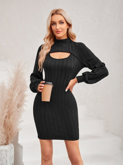 New women's hollow solid color slim long-sleeved hip dress Black