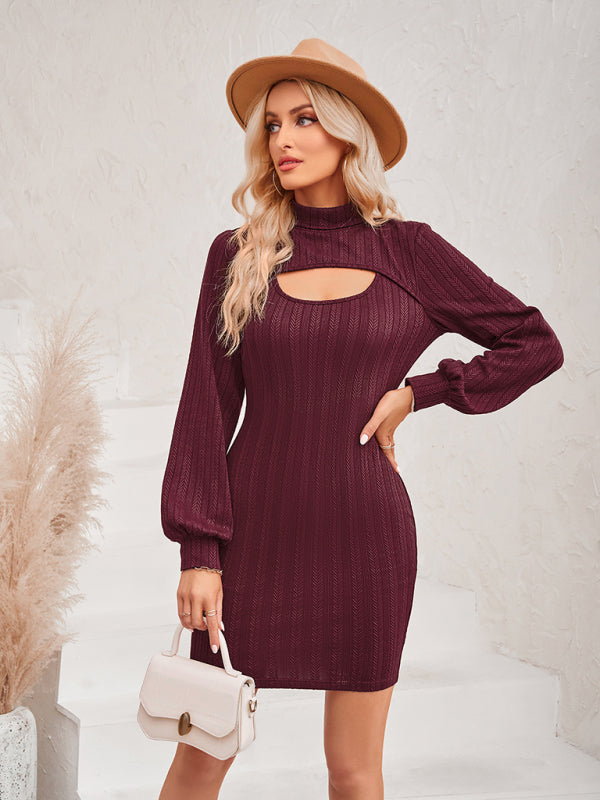 New women's hollow solid color slim long-sleeved hip dress Wine Red