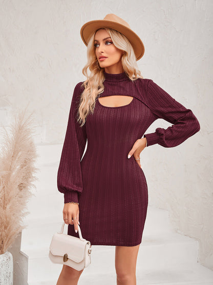 New women's hollow solid color slim long-sleeved hip dress Wine Red