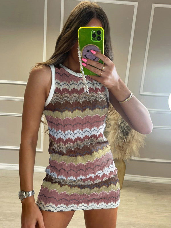 New geometric wave sexy slim sleeveless knitted sweater dress Brown