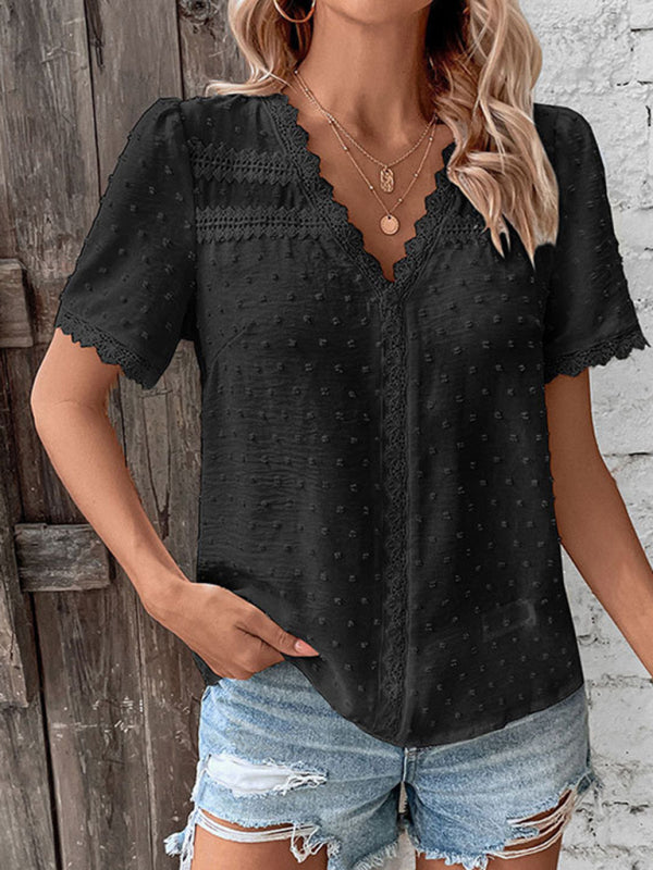 V-neck neckline lace panel elegant blouse