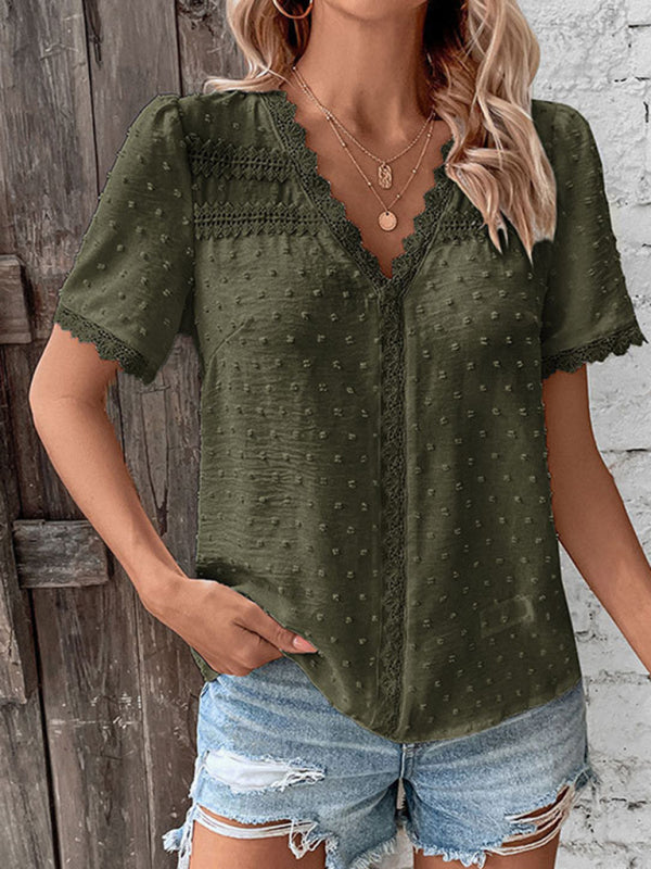 V-neck neckline lace panel elegant blouse Green