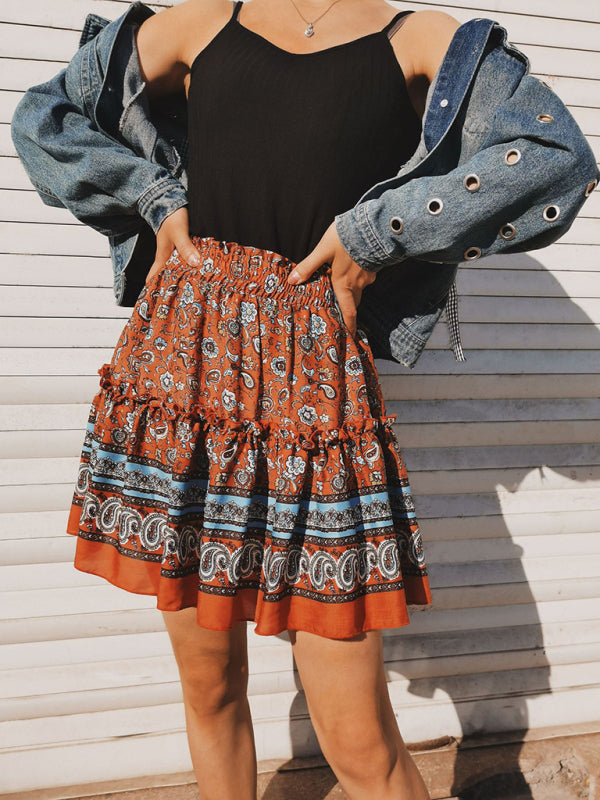 Printed Skirt Bohemian Ethnic Ruffle Skirt