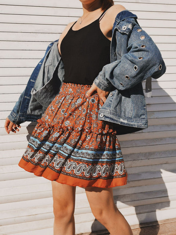 Printed Skirt Bohemian Ethnic Ruffle Skirt