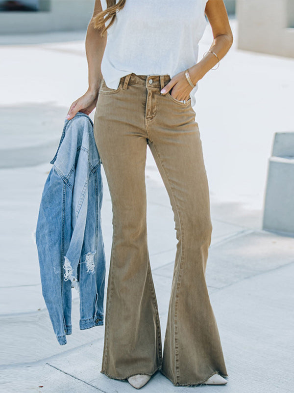 Women's Jeans High Waist Mopping Vintage Flared Trousers Khaki