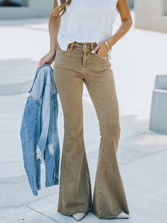 Women's Jeans High Waist Mopping Vintage Flared Trousers Khaki