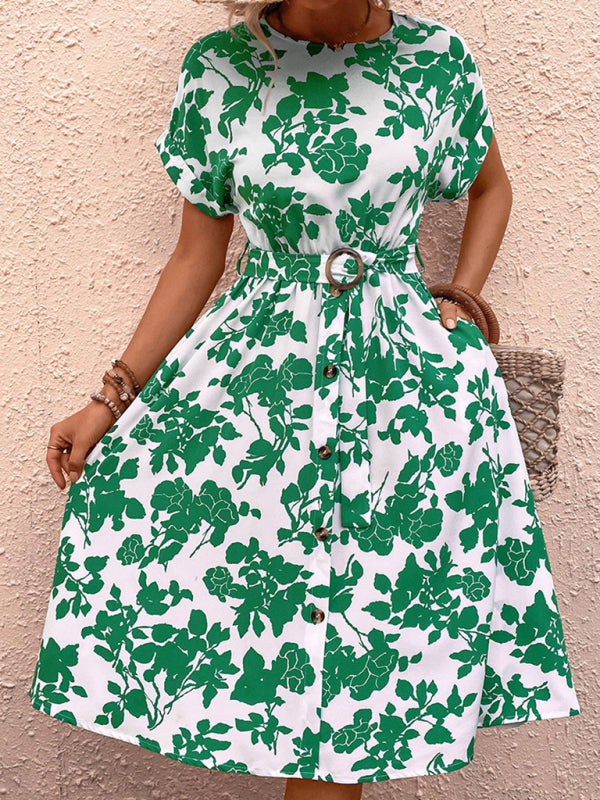 St. Patricks Day - Floral Print Round Neck Belted Dress Green