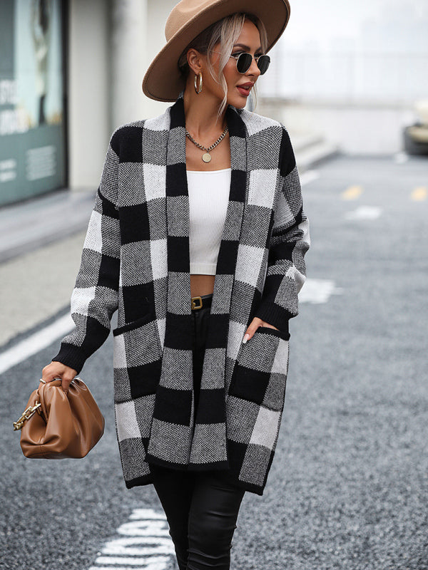 Women's Coat Loose Plaid Color Block Knit Cardigan Fashion Sweater Black