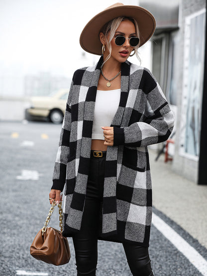 Women's Coat Loose Plaid Color Block Knit Cardigan Fashion Sweater