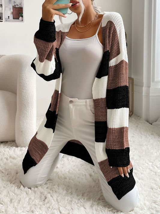Women's Fashion New Arrival Long Buttonless Colorblock Sweater Jacket Brown